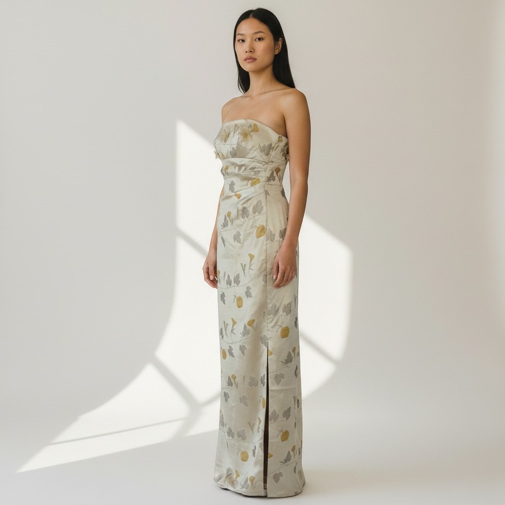 Kay Unger Raw Silk Gown Organza Details Draped Fitted Champagne Gold Glam 12